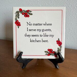 Vintage Holiday Ceramic Trivet with Red Berries & Trim, Midcentury Kitchen Decor